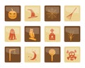 Halloween icon pack with bat, pumpkin, witch, ghost, hat over brown background Royalty Free Stock Photo