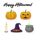 Halloween icons. Cartoon pumpkin, candle, witch hat and boiler