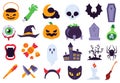 Halloween icons. Holiday symbols, moon and spider, pumpkin, ghost and bat. Candy, skull and gravestone, candle, broom flat vector Royalty Free Stock Photo