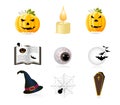 Halloween Icons. Halloween pumpkins, boook, hat, bats, candle Royalty Free Stock Photo