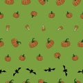 Halloween icons pumpkins candy corn and bats in rows on bright green background seamless vector repeat Royalty Free Stock Photo