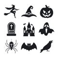 Halloween icons set. Pumpkin, Witch, bat, witch hat, ghost, spider, grave, crow, and witches castle. Vector icons Royalty Free Stock Photo