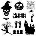 Halloween icons. Set of silhouettes for Halloween. Vector illustration on white background. Royalty Free Stock Photo