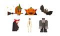 Halloween icons set, witch, pumpkin, vampire, bat, scary, skeleton, zombie, design elements for a holiday vector