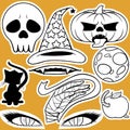 Halloween icons. Sketch on orange background. Skull, hat, pumpkin, black cat, ominous eyes, worm Apple, dead man`s hand, skeleton, Royalty Free Stock Photo