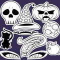 Halloween icons. Sketch on orange background. Skull, hat, pumpkin, black cat, ominous eyes, worm Apple, dead man`s hand, skeleton, Royalty Free Stock Photo