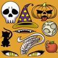 Halloween icons. Sketch on orange background. Skull, hat, pumpkin, black cat, ominous eyes, worm Apple, dead man`s hand, skeleton, Royalty Free Stock Photo