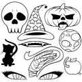 Halloween icons. Sketch on orange background. Skull, hat, pumpkin, black cat, ominous eyes, worm Apple, dead man`s hand, skeleton, Royalty Free Stock Photo