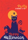 Halloween Illustration With Black Cat On Moon Red Scary Background. Halloween Party Invitation With Scary Spider And Spider Web.