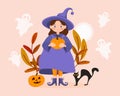 Halloween illustration, cute little cartoon witch with pumpkin, black cat and ghosts. Children\'s print vector Royalty Free Stock Photo