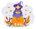 Halloween illustration, cute little cartoon witch sits on a pumpkin, fly agaric and autumn leaves. Children\'s print vector