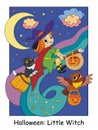 Halloween illustration cute witch flying on a broomstick Royalty Free Stock Photo