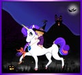 Halloween illustration of cute witch sitting on unicorn on night landscape background