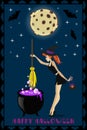 Halloween illustration of cute young witch with cauldron on full moon background with stars and bats. Halloween greeting card or i Royalty Free Stock Photo