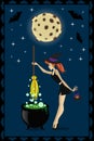 Halloween illustration of cute young witch with cauldron Royalty Free Stock Photo