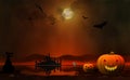 A Halloween illustration in dark orange shades with pumpkin faces, a scary black cat, bats, and a full moon. Royalty Free Stock Photo