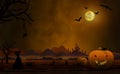 A Halloween illustration in dark orange shades with pumpkin heads, a scary black cat, bats, and a full moon above a castle. Royalty Free Stock Photo