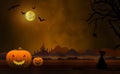 A Halloween illustration in dark orange with two smiling pumpkin faces, a scary black cat, bats, and a full moon. Royalty Free Stock Photo