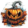 Halloween illustration. Evil pumpkin in autumn leaves