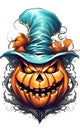 Halloween illustration. Evil pumpkin in blue hat