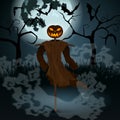 Halloween illustration with evil scarecrow, full Moon and bats