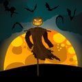 Halloween illustration with evil scarecrow, full Moon and bats