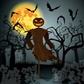 Halloween illustration with evil scarecrow, full Moon and bats