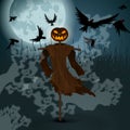 Halloween illustration with evil scarecrow, full Moon and crows