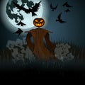 Halloween illustration with evil scarecrow, full Moon and crows