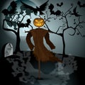 Halloween illustration with evil scarecrow, full Moon and crows