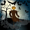 Halloween illustration with evil scarecrow, full Moon and crows