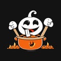 Halloween illustration with funny cartoon pumpkins in a pot on a black background. generative AI
