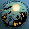 Halloween illustration with houses, bats and full moon