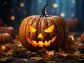 Halloween illustration, huge yellow pumpkin with sinister eyes. AI generated