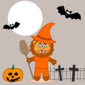 Halloween illustration with a lion disguised as a wizard including a pumpkin bat and the moon with a small cemetery