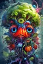 Halloween illustration of a monster broccoli with pumpkins. Generative AI