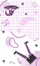 Pattern with girl legs, hat, candies, leaves and shapes, checkered texture, line in purple colors Royalty Free Stock Photo