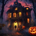 Halloween illustration with pumpkin and scary gothic house or castle with a man going inside at night