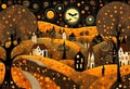 Halloween illustration with a small cute town and bats