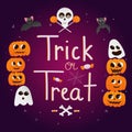 Halloween illustration, trick or treat lettering on the purple background, bats flying, candies and skull Royalty Free Stock Photo