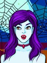 Halloween illustration. Vampire woman with blue hair on poster or greating card