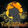 Halloween illustration with werewolf and full Moon