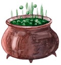 Halloween illustration with a witch`s pot in which a witch`s potion is brewed