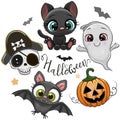 Halloween illustrations and design elements with batl, black cat and goat