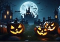 Halloween image with scary pumpkin candles at night with a castle background, AI generated. Royalty Free Stock Photo
