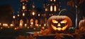 Halloween image with scary pumpkins and candles in the graveyard of castle, AI generated. Royalty Free Stock Photo