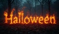 Halloween inscription from a fire burning in the night forest Royalty Free Stock Photo