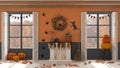 Halloween interior design, living room with fireplace in orange and gray tones. Panoramic windows on autumnal landscape. Party Royalty Free Stock Photo