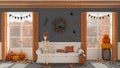 Halloween interior design, living room with skeleton sitting on the sofa in dark and orange tones. Panoramic windows on autumnal Royalty Free Stock Photo