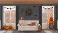 Halloween interior design, living room with skeleton sitting on the sofa in dark tones.Panoramic windows on autumnal landscape.